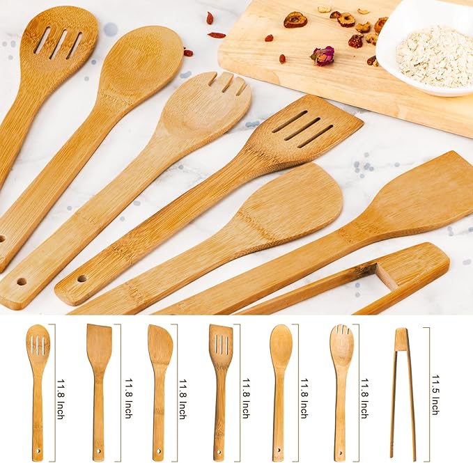 Eisinly Wooden Spoons for Cooking 7-Piece, Kitchen Nonstick Bamboo Cooking Utensils Set, Carbonized Bamboo Durability Spatula Spoon for Everyday Use