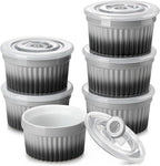 vancasso 8 oz Ramekins with Lid, Porcelain Creme Brulee Souffle Dishes, Grey Pudding Custard Cups Ramiken for Baking, Dishwasher and Oven Safe, Set of 6