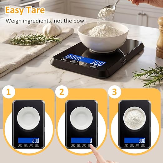 Letron Food Scale, 33 lb / 0.1 oz High Precision Kitchen Scale for Sourdough Bread, Built-in 7 Units, Timing & Tare Function, Rechargeable Digital Kitchen Scale for Food, Baking, Cooking