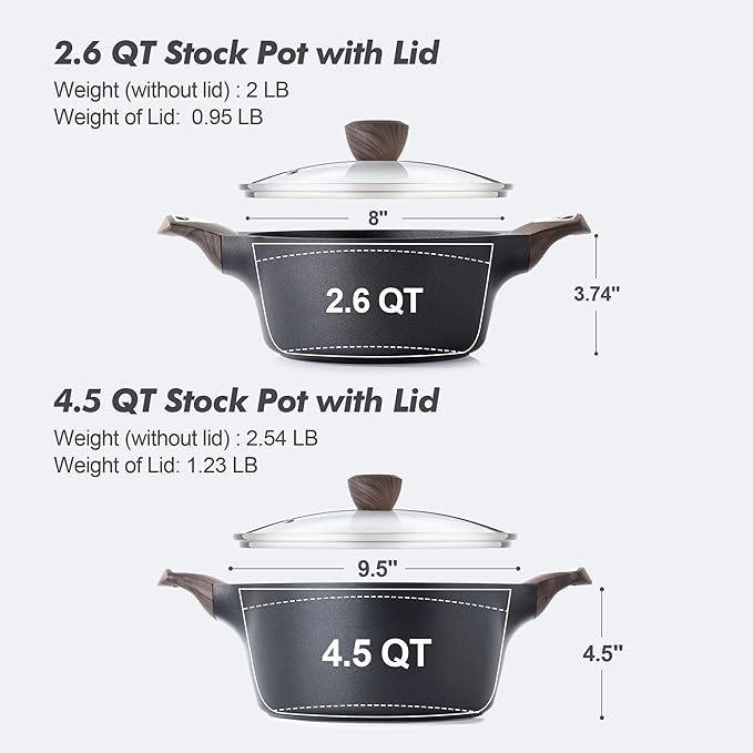 SENSARTE Nonstick Stock Pot with Lid, 2.6+4.5 QT Soup Pot Set Casserole Pot, Healthy Pasta Pot, Large Deep Cooking Pot, Big Sauce Pot Stew Pot, Induction Compatible, PFOA PFOS APEO Free, Black