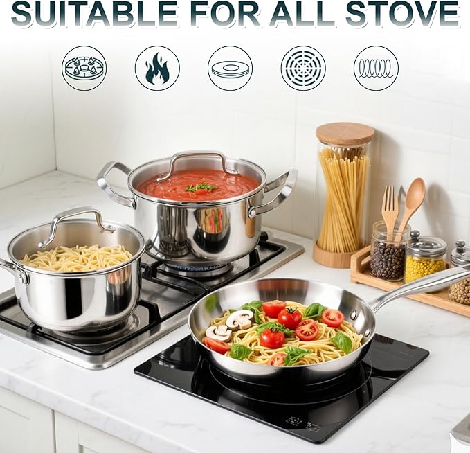 Stainless Steel Cookware Set - 20 PCS Pots and Pans Set with 3-Ply Stainless Steel Frying Pan, Professional Kitchen Cooking Set, Induction Compatible, Oven & Dishwasher Safe