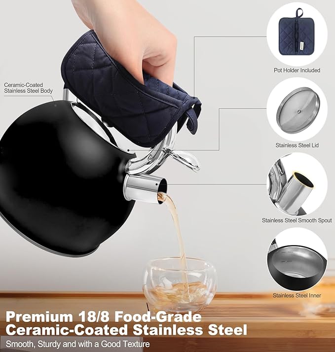 Stove Top Kettle,Whistling Tea Kettle,Premium 18/8 Food-Grade Ceramic-Coated Stainless Steel Teakettle,Vintage-Style Teapot,Includes a Hot Pad,2.64 Quart (Black)