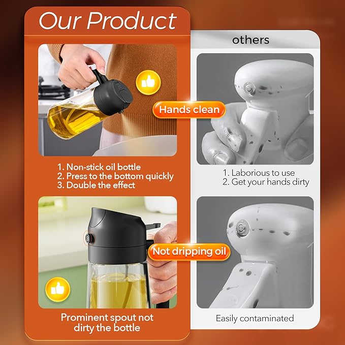 YARRAMATE 16oz/470ml Glass Olive Oil Sprayer for Cooking with Stickers, 2 in 1 Oil Dispenser for Kitchen Gadgets, Food Grade Premium Spray Bottle with Portion Control for Salad, Frying, BBQ (Black)