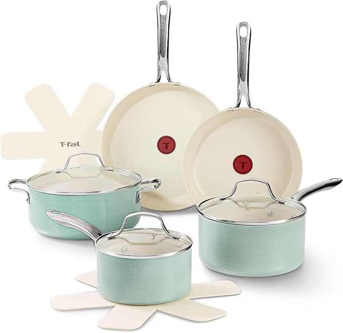T-Fal Inspire Nonstick Ceramic Cookware Set, 10-Piece, Oven Safe to 500°F, Stockpot, Ceramic Pots and Pans Set, Frying Pans, Saucepans, Stockpot, Protectors, Mint Green