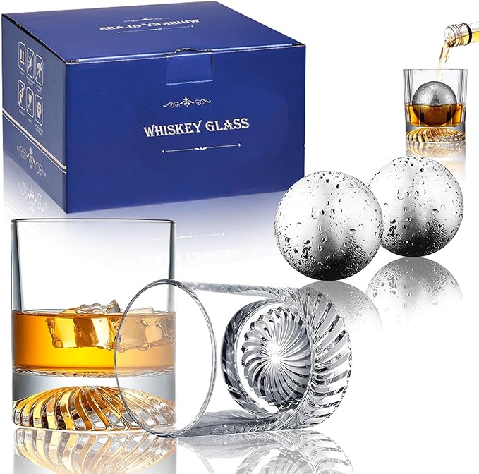 Whiskey Glasses,2 Old Fashioned Glasses Set with 2 XXL Stainless Steel Ice Balls,10oz Whiskey Rocks Glasses Gift for Men,Bourbon Tumbler for Scotch Whisky Cognac,Rock Barware at Bar Home