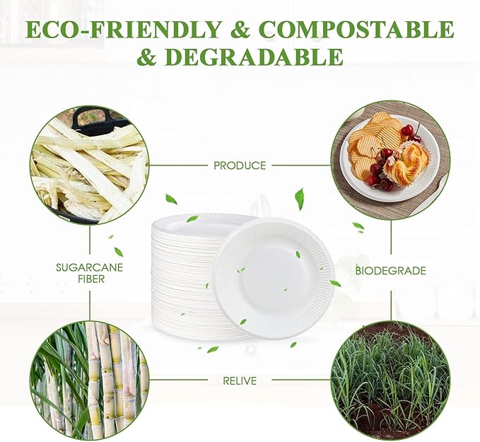 Vplus 100% Compostable Paper Plates, 200 Pack 7 Inch Disposable Paper Plates, Uncoated Biodegradable, Made of Sugar Cane Fibers, Perfect for Sandwich, Cake, and Snack