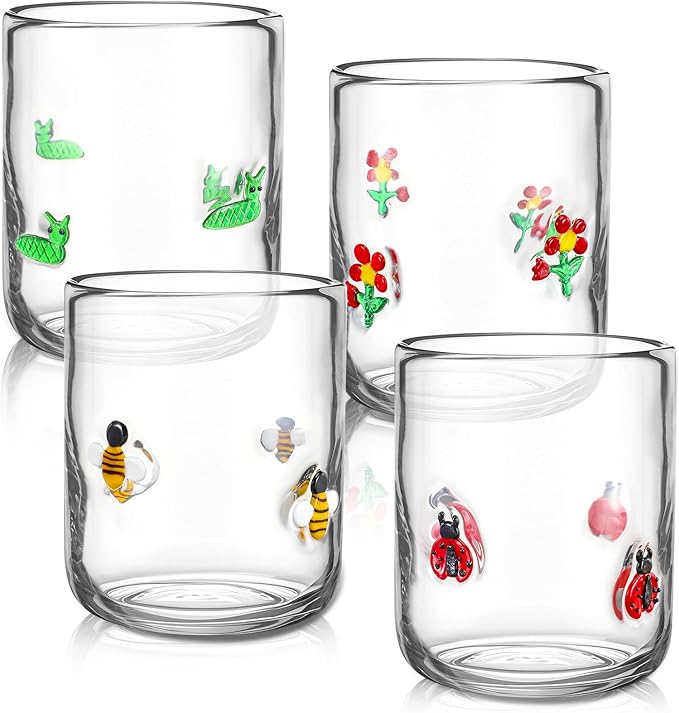 Vesici 4 Pcs Juice Glasses 14 oz Glass Cups Stemless Wine Glasses Hand Blown Drinking Cocktail Cups for Easter Christian Gifts Party Supplies(Ladybug)