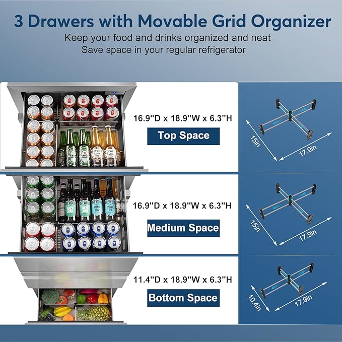 Stainless Steel 3-Tier Drawer Fridge Undercounter, Outdoor Beverage Refrigerator with Wheels, Waterproof Design and Temperature Control for Home and Commercial Use