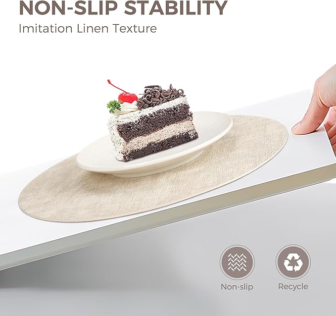 13" Round Placemats Set of 6, Reversible Faux Leather Heat Resistant Table Mats, 100% Waterproof Oilproof Wipeable Table Protective Placemats for Vinyl, Washable for Indoor & Outdoor Use (6, Beige)