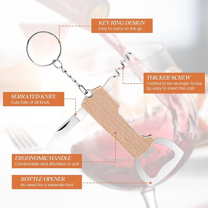 Ziliny 24 Pcs Bottle Opener Keychain Bulk Wine Bottle Beer Opener Keychain 3.27" Stainless Steel Corkscrew Waiter Corkscrew Wine Keyring Gifts for Christmas Bar Party Wedding Home (Brown)
