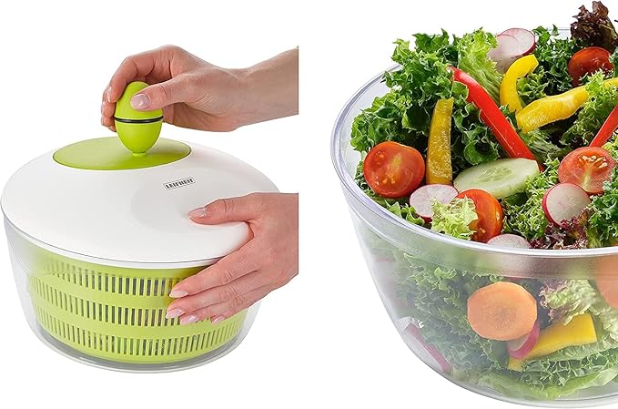 Leifheit Trend Green and White Salad Spinner, 4L Crank-Handle Salad Dryer with Non-Slip Base, Ergonomic Recessed Grip, Dual-Use Bowl for Serving or Draining, Dishwasher Safe Kitchen Tool