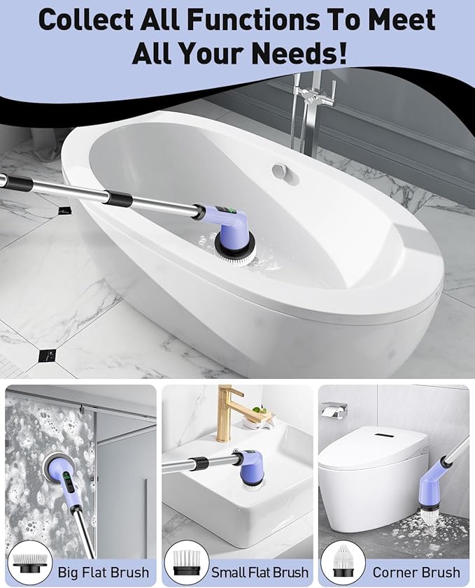 Electric Spin Scrubber for Cleaning Bathroom, Shower Scrubber Cordless Cleaning Brush with IPX7 Waterproof & 2 Speed, 3 Brush Heads, Bathroom Cleaning Supplies for Shower Tub Tile Toilet Purple