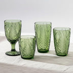 Vintage Green Drinking Glasses Set of 4, 10 oz Handcrafted Deep Textured Glass Cups, Fern Embossed Retro Glassware, Decorative Cocktail Tumblers for Home & Bar, Artisan Made Colored Drinkware Gift Set