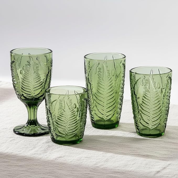 Vintage Green Drinking Glasses Set of 8, 12 oz Hand-Pressed Green Glass Tumblers, Deep Fern Embossed Antique Colored Glassware, Boho Style Textured Highball Cups, Retro Drinkware Gift Set for Home Bar