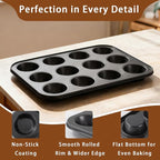 2 Pack Muffin Pans for Baking, Large Muffin Pan 12 Cup, Premium Steel with Nonstick Coating, Easy to Clean, Durable Bakeware for Even Baking, Perfect for Muffins and Cupcake, Black