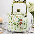 Vintage Enamel Tea Kettle, Fragrant Flowers Pattern Stovetop Teapot with Gold Handle, 2.5L Enamel Kettle Kitchen Decor, Ideal Gift for Housewarming Camping Coffee Pot