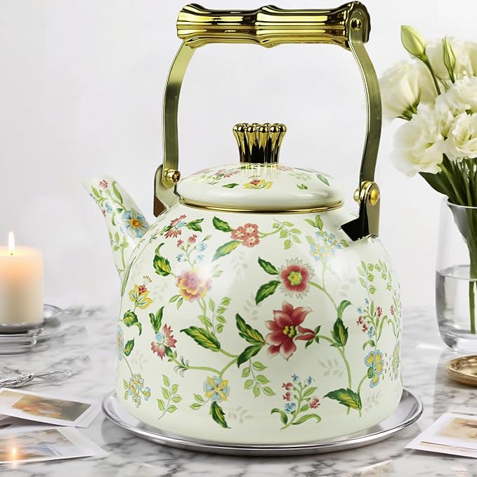Vintage Enamel Tea Kettle, Fragrant Flowers Pattern Stovetop Teapot with Gold Handle, 2.5L Enamel Kettle Kitchen Decor, Ideal Gift for Housewarming Camping Coffee Pot