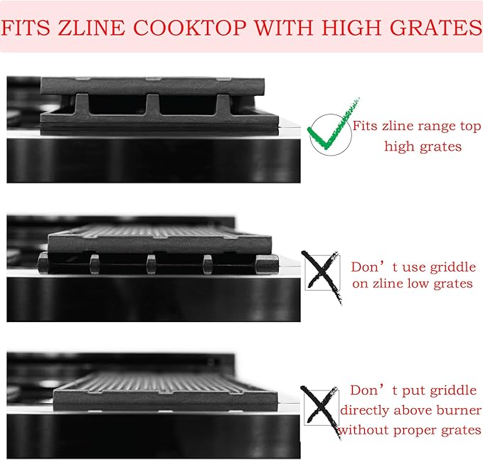HG-GRZ-NS Griddle Replacement Parts for ZLINE Gas Stove Top High Grate Cast Iron Reversible Griddle Plate ZLINE 24 30 36 48 60 Inch Gas Cooktop Range Electric Oven Griddle Pan (Not Fit All High Grate)