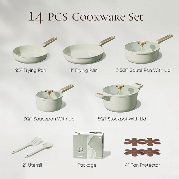 CAROTE Ceramic Cookware Set Nonstick, 14pcs Pots and Pans Set Nonstick, Non-Toxic & PFAS-Free, Dishwasher, RV/Camping Cookware Set, Cooking Pots with Lids, Sage Green