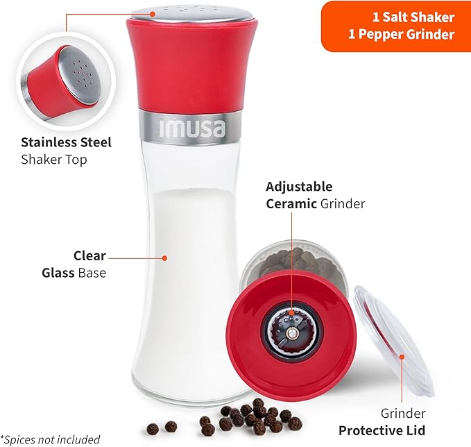 IMUSA Salt Shaker and Pepper Grinder Set – 2 Pack Glass Salt Shaker and Pepper Mill Set, Manual Adjustable Ceramic Core Pepper Grinder, 6 oz Capacity, Refillable Salt and Pepper Set for Kitchen