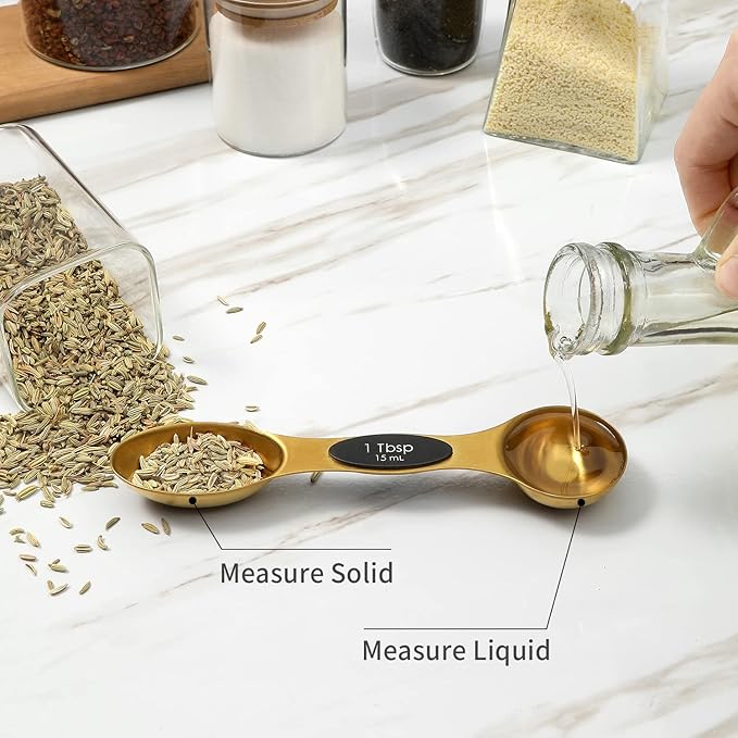 Magnetic Measuring Spoons Set, Stainless Steel, Dual Sided, Stackable, Dual Sided for Measuring Dry and Liquid Ingredients, Fits in Spice Jars, Set of 8（Gold ）