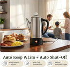 Elite Gourmet 6-Cup Electric Coffee Percolator – Stainless Steel, Fast Brewing, Keep Warm with Auto Shut-Off, Clear Brew Progress Knob, Cordless Serving Base, Reusable Filter, 1000W