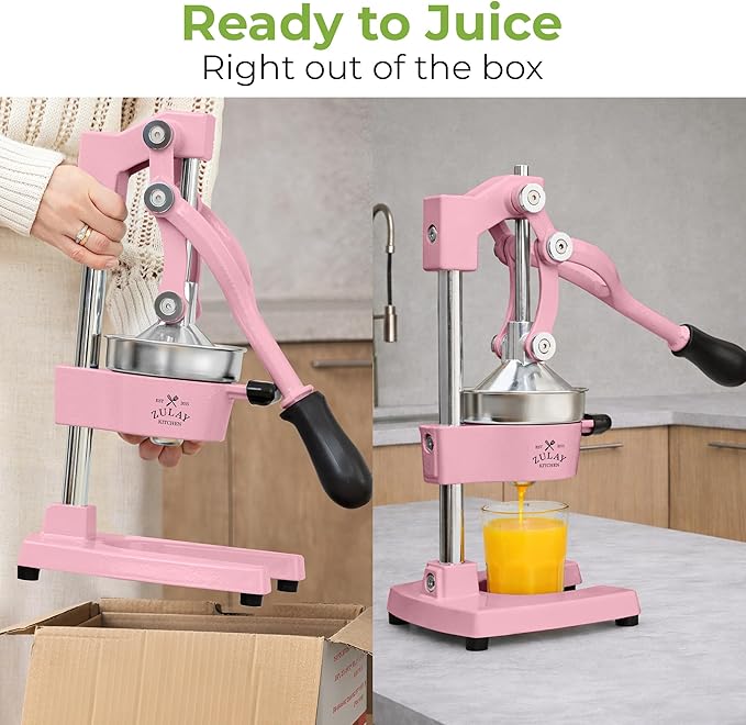 Zulay Kitchen Cast-Iron Orange Juice Squeezer - Heavy-Duty, Easy-to-Clean, Professional Citrus Juicer - Durable Stainless Steel Lemon Squeezer - Sturdy Manual Citrus Press & Orange Squeezer (Pink)