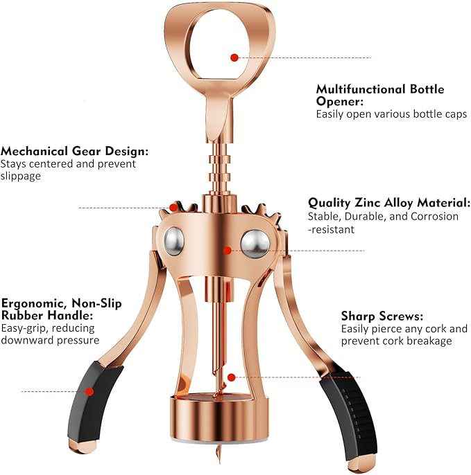 KORCCI Wine Opener, Heavy-Duty Zinc Alloy Wing Corkscrew, Premium Beer Bottle Opener, Multifunctional Wine Accessories with Ergonomic Handle and Sharp Screw, for Kitchen, Bar, Restaurant (Rose Gold)