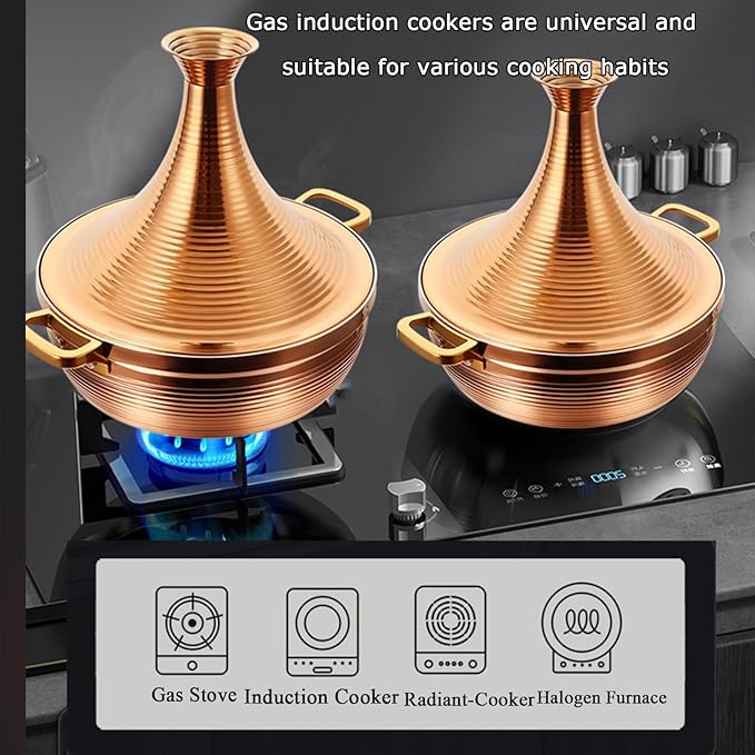 Stainless Steel Moroccan Tagine Pot, Large Moroccan Tajine Casserole with Cone-Shaped Lid, Non Stick Tagine Cooking Pot with 2 Handles(24cm/9.4in, Gold)