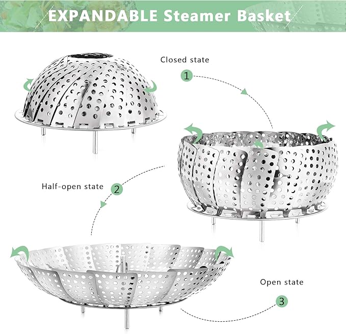 Buylorco Stainless Steel Folding Vegetable Steamer Insert Steamer Cookware for Veggie Seafood Cooking (Fit Pots 7" to 11")