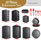 Baking Pan Set, 15 Piece Premium Baking Set, Nonstick Bakeware Sets BPA Free, Cookie Sheets for Baking Nonstick Set, Steel Baking Sheets for Oven with Muffin Pan, Cake Pan & Black Kitchen Utensils