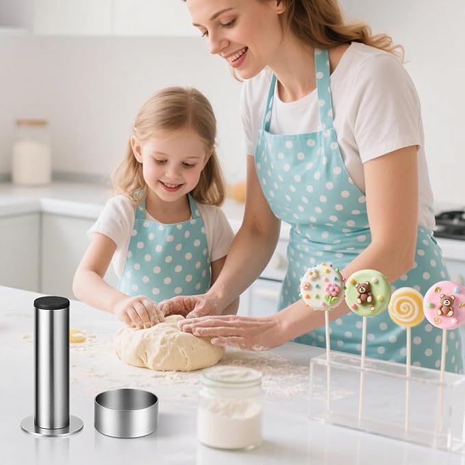 Juome Cake Pop Mold Kit, Stainless Steel Circle Cake Pop Cutter and Pusher Cake Pop Maker with Sticks, Round Cake Pop Shapes Supplies Accessories, Baking Tools for Home Baking Desserts