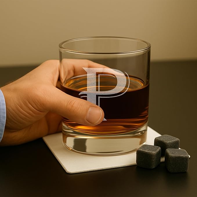 On The Rox (P-Monogram)- 4 Piece Set of 11 Ounce Engraved Heavy Base Rocks Glasses Elegant Glass-Multi-Purpose Beverage-Rocks Glass- Gift for any Occasion Drinks
