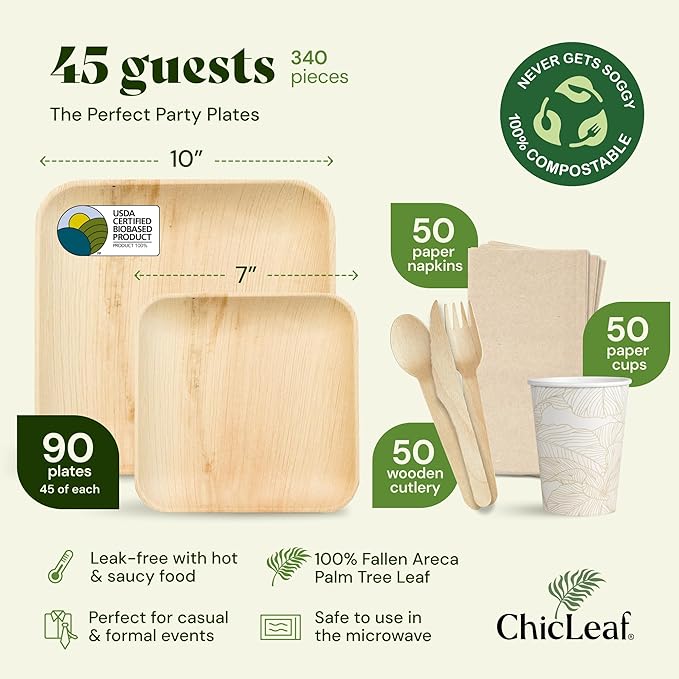Chic Leaf Compostable Palm Leaf Plates & Cups Set - 10 In & 7 In Pack of 45, Natural - Biodegradable Tableware & Disposable Plates & Cups - Durable Bamboo Utensils, Thanksgiving Dinner