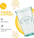 Amici Home Bee Hiball Glass | 16 Oz | Italian Made, Recycled Glass with Green Tint | Drinking Glass with Embossed Bee Design for Water, Juice, Cocktails (Set of 6)