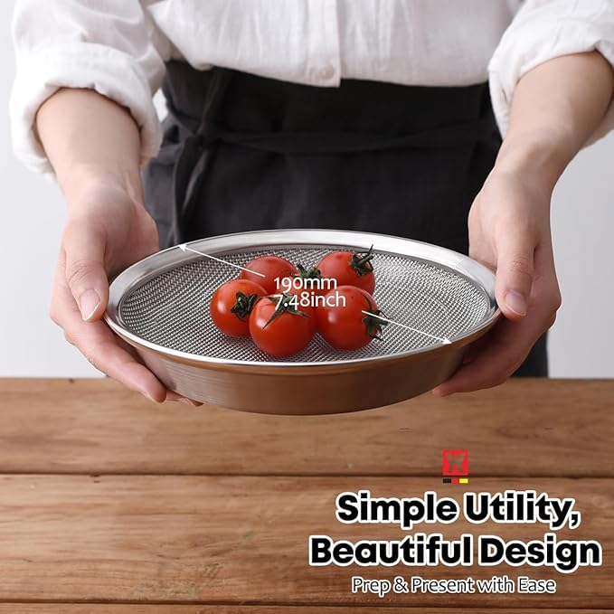 WAGENSTEIGER Stainless Steel Mesh Tray Set with Drip Pan, Air Fryer Basket and Tray, Kitchen Colander, Vegetable and Fruit Strainer, Food Filter, BBQ Prep Tool, Fruit Serving Dishes (7.48 inch)