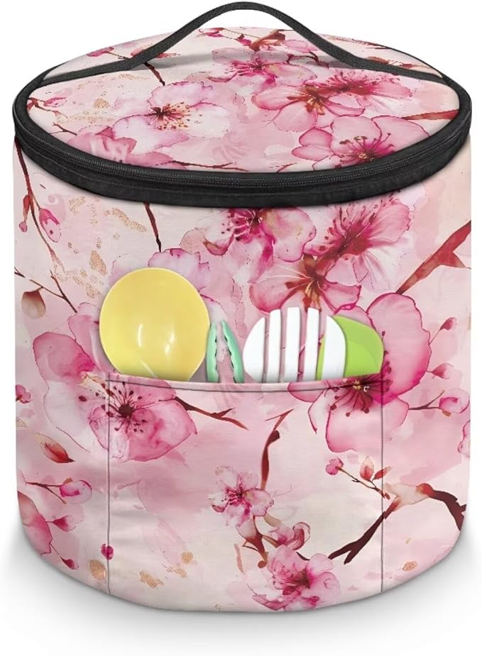 Cherry Blossom Electric Pressure Cooker for Picnic Pink Butterfly Insulation Bag Hand Washable Pressure Cooker Storage Bag Protective Hood with Pocket, Fork Pickled Cucumber