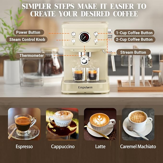 Empstorm Espresso Machine 20 Bar, 2 in 1 Espresso Maker with Milk Frother Steam Wand for Latte and Cappuccino, Powder and Capsule Portafilter, 50oz Removable Water Tank Coffee Machine for Home-White