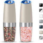 Gravity Electric Salt And Pepper Grinder Set, Automatic Salt And Pepper Grinder Set, Battery Powered (6 AAA Batteries Each), Adjustable Roughness, LED Light, 2 Pack, (Khaki)