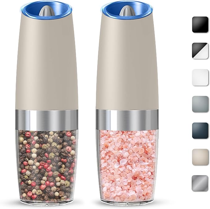 Gravity Electric Salt And Pepper Grinder Set, Automatic Salt And Pepper Grinder Set, Battery Powered (6 AAA Batteries Each), Adjustable Roughness, LED Light, 2 Pack, (Khaki)