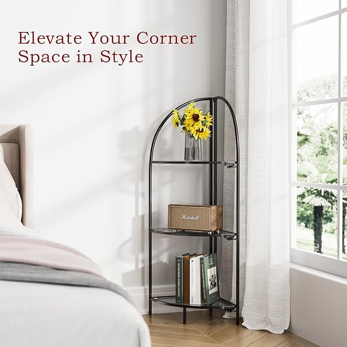 Crofy Foldable 3 Tier Corner Shelf, Metal Corner Plant Stand with Black Frame and Transparent Shelves, Corner Display Rack Multipurpose Shelving Unit for Living Room, Bedroom, Bathroom