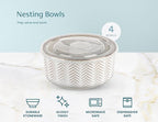 KooK Serving Bowls, with Lids, Ceramic Nesting Bowls, Set of 4, Embossed, Kitchen, Prep, Stackable, Gift, Microwave and Dishwasher Safe, 16/29/47/70 oz, Narbonne Collection (Ivory)