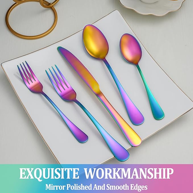 30 Pcs Rainbow Silverware Set Service for 6,Stainless Steel Flatware Serving Sets,Kitchen Tableware Set,Utensil Set for Home and Restaurant,Knives Forks Spoons Set,Mirror Polished,Dishwasher Safe