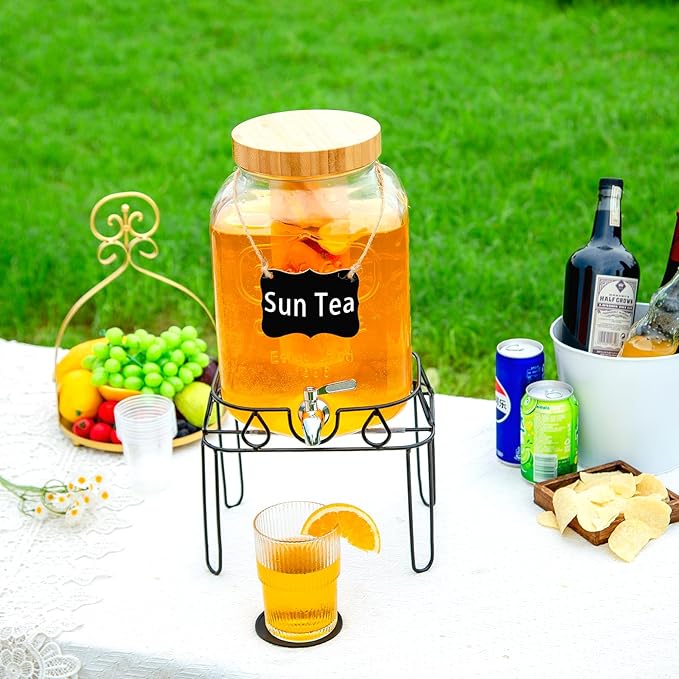 2 Gallon Glass Drink Dispenser with Stand and Bamboo Lid, Lemonade Dispenser with Stainless Steel Spigot, Glass Beverage Dispenser for Parties, Weddings, Kombucha, BBQ