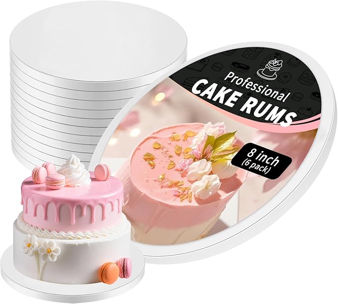 8 Inch Cake Board Drums Round, 6-Pack, White, Sturdy 1/2" Thick Heavy Or Multi-Tiered Cakes for Bithday Wedding Party. (8inch(6pack))