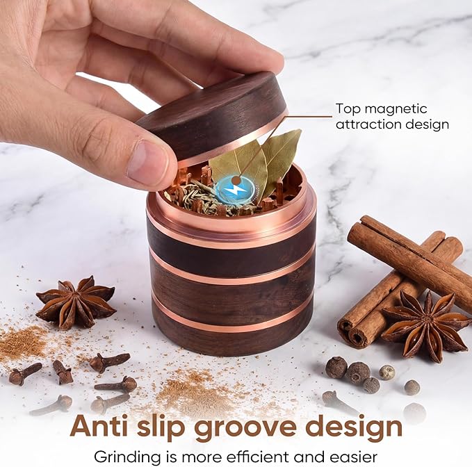 2.5" Manual Spice Grinder, Walnut Wood & Aluminum Seasoning Mill for Dry Spices, Compact Handheld Kitchen Tool (Wood Color)