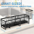 Extra Large Extendable Sponge Holder for Kitchen Sink, Rustproof Sink Caddy Organizer with High Brush Holder, Dish Soap Dispenser Organizers and Storage (Black)