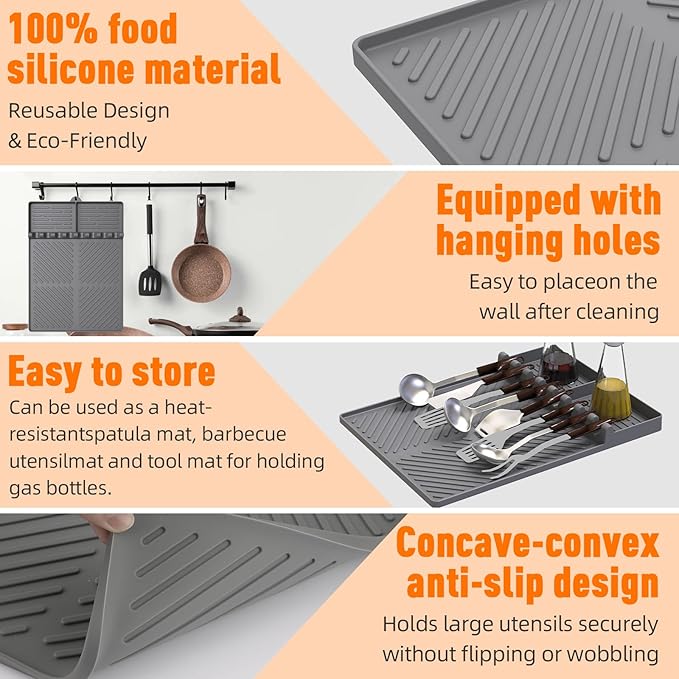 Silicone Grill Mat Compatible with Blackstone, Silicone Griddle Tools Mat with Drip Pad, Spatula Mat for Outdoor Grill Kitchen Counter (Grey)