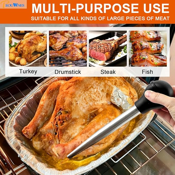 Stainless Steel Turkey Baster with Cleaning Brush & Needle, Black Meat Injector Set for Home Baking Kitchen Tool Cooking, Flavor Meat Poultry, Beef, Chicken