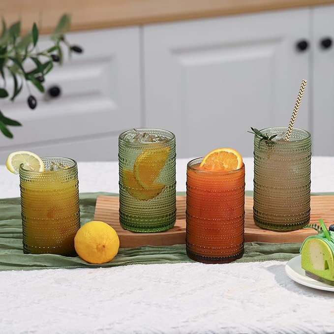 Moretoes Vintage Hobnail Drinking Glasses Set of 6, 15oz Highball Glass Cups, Kitchen Drinkware Glassware,Embossed Water Tumbler,for Beer,Cocktail,Whiskey,Juice and Various Mixed Drinks(Green)